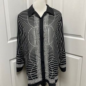 IMPRESSIONS Black White Geometric Long Sleeve Blouse 1X